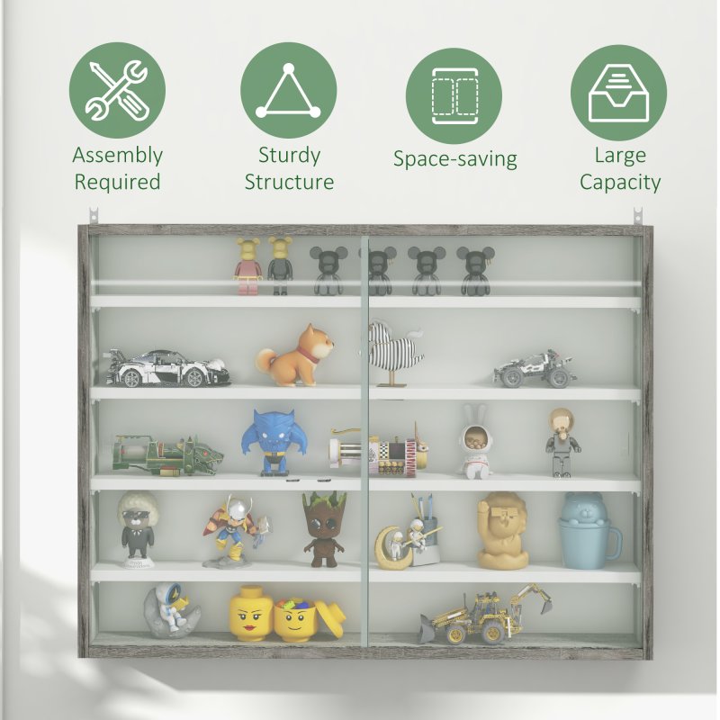 HOMCOM 5-Tier Wall Mounted Display Cabinet, Display Case with 4 Adjustable Shelves, Glass Doors for Home Office Ornaments 60x80cm, Grey Wood Grain