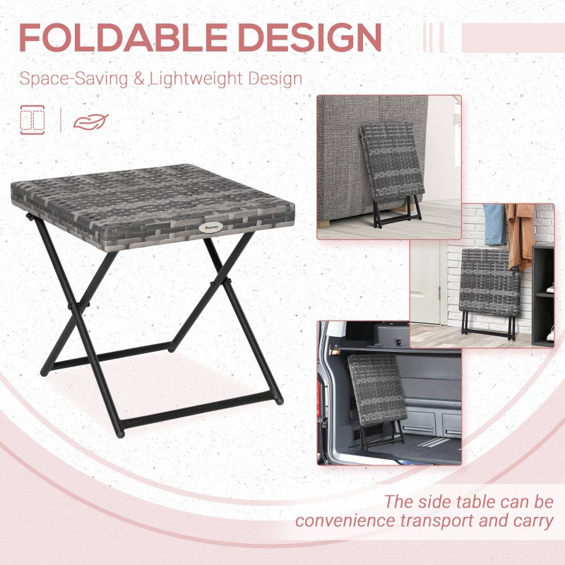 Outsunny Folding Rattan Garden Coffee Table, Small Square Outdoor Bistro Side Table with Rattan Top for Patio, Balcony, Porch, 40 x 40 x 40 cm, Grey