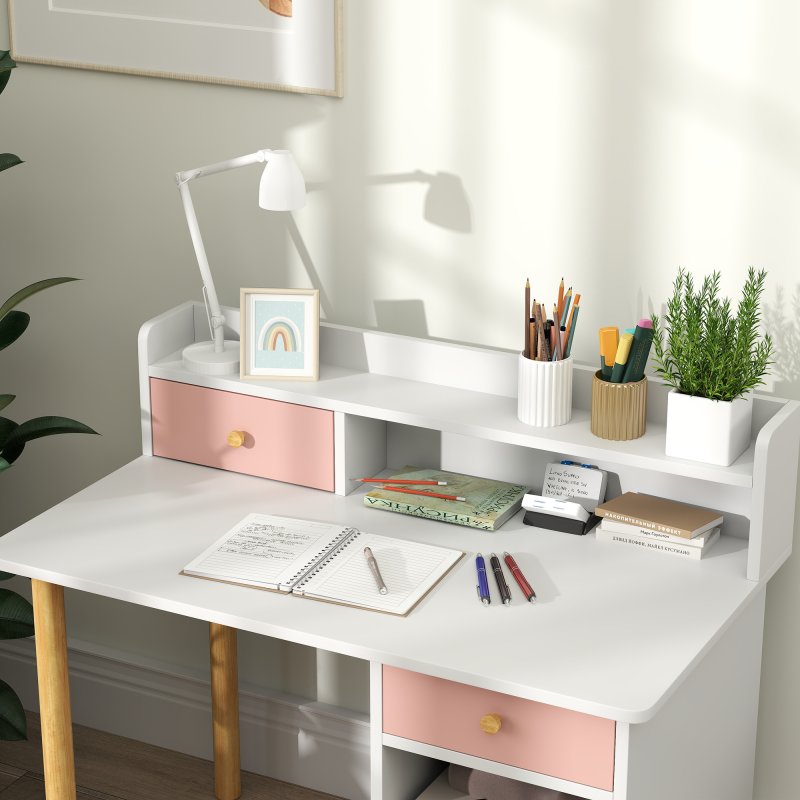 AIYAPLAY Kids Desk and Chair Set, Children Study Table with Hutch, Storage, Drawer, Shelves, for Studying, Reading, Drawing, for Ages 3-8 Years, Pink