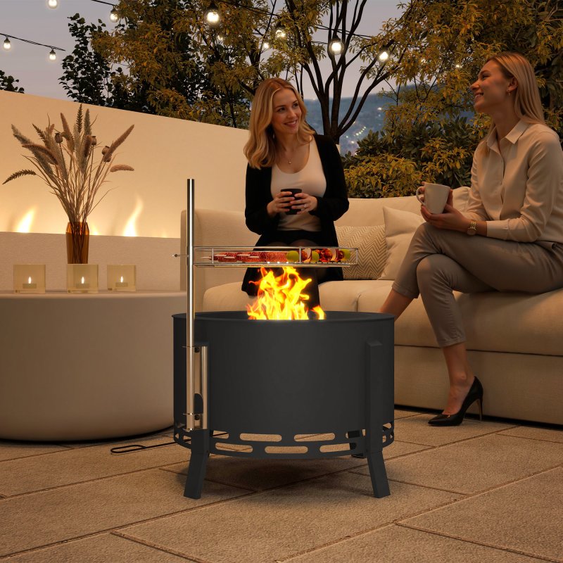 Outsunny Portable Fire Pit, 58 cm Round Firepit with Grill Grate, Fire Bowl with Ash Catcher and Poker, Fire Pit BBQ for Garden Camping Bonfire Picnic, Black