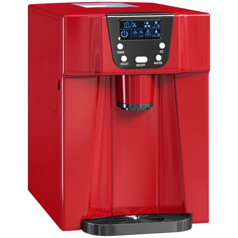 HOMCOM 3L Ice Maker Machine and Water Dispenser, 12kg in 24H, 2 Size Options 9 Ice Cubes Ready in 6-10 Mins Countertop Ice Machine for Home, Kitchen, Office, Bar, Red