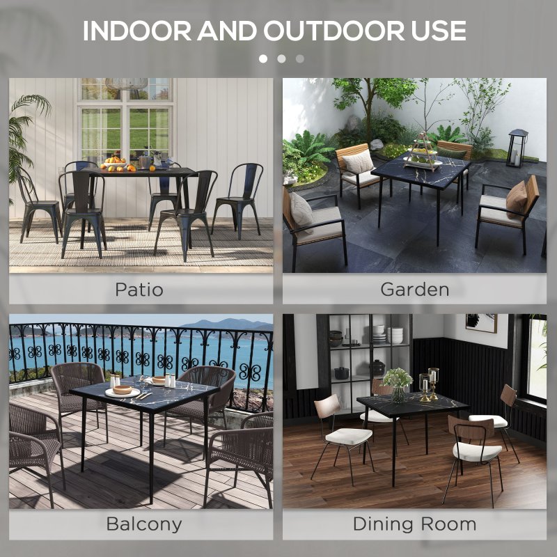 Outsunny Outdoor Dining Table for 4, Square Garden Table with Marble Effect Tempered Glass Top and Steel Frame for Balcony, Patio, 90cm x 90cm, Black