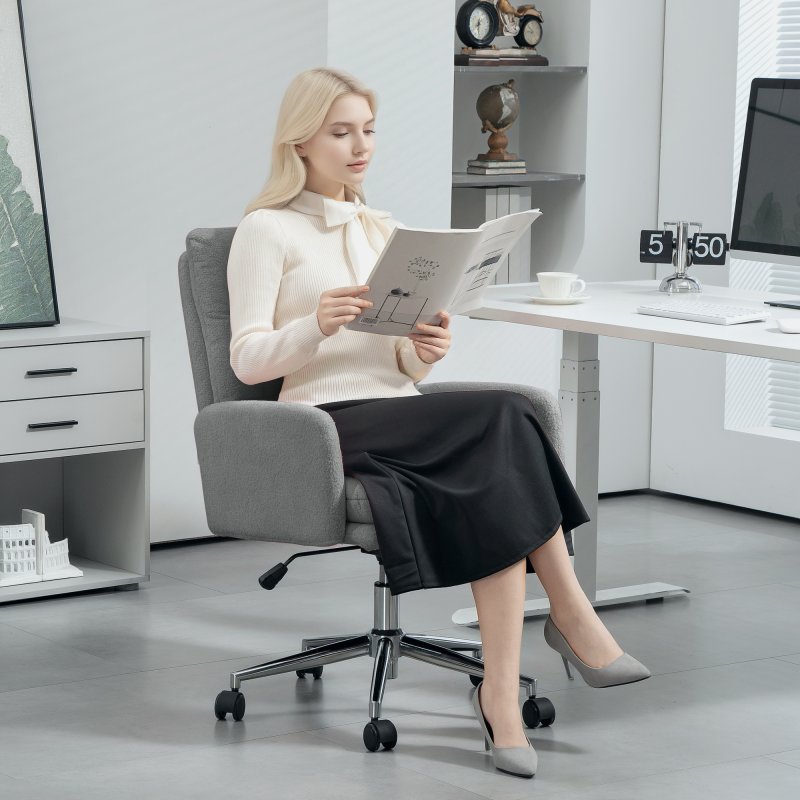 HOMCOM Home Office Chair, Upholstered Sherpa Fleece Desk Chair with Height Adjustable, Tilt Function and 360° Swivel Wheels for Home Office and Study Room, Grey