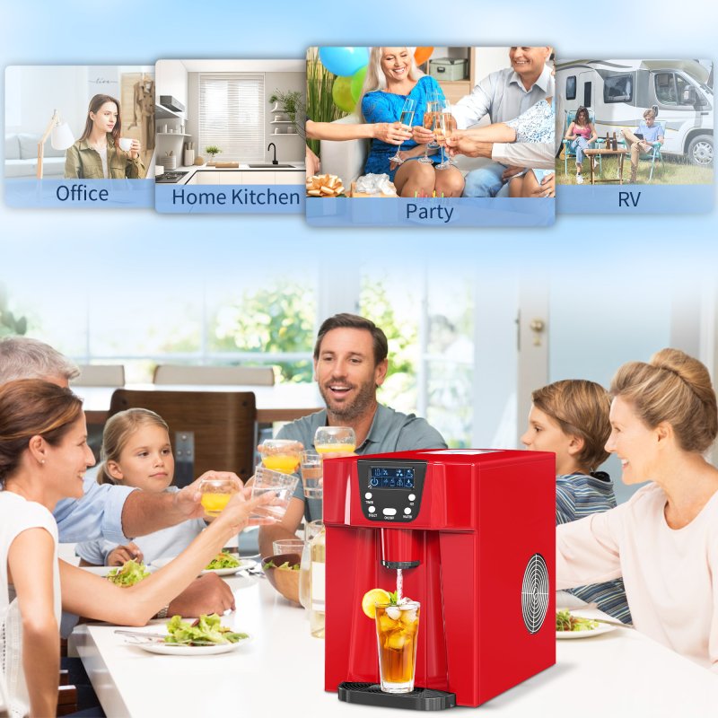 HOMCOM 3L Ice Maker Machine and Water Dispenser, 12kg in 24H, 2 Size Options 9 Ice Cubes Ready in 6-10 Mins Countertop Ice Machine for Home, Kitchen, Office, Bar, Red