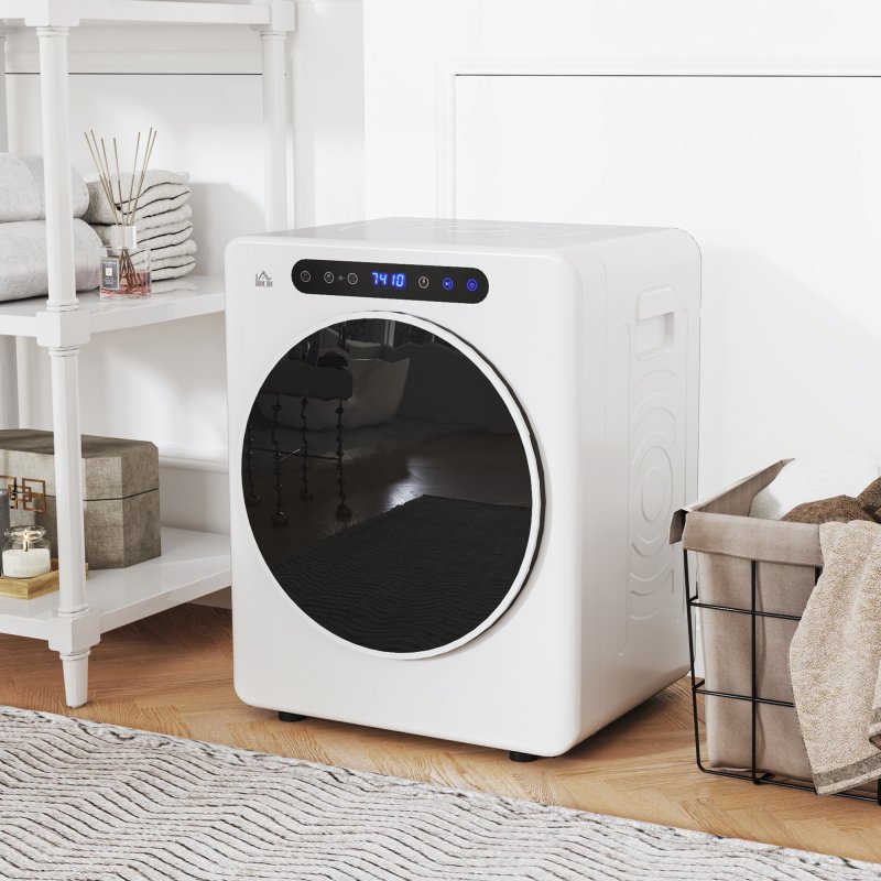 HOMCOM 4kg Vented Tumble Dryer, 1000W Compact Freestanding Front Tumble Dryer with Stainless Steel Tub, Timer, 6 Heat Settings, Small Portable Clothes Drying Machine, White