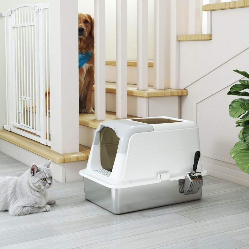 PawHut Stainless Steel Litter Box with Lid, Extra Large Hooded Cat Litter Tray for Big Cats with Front-Entry and Top-Exit, Metal Scoop, Deodorizer Bag, Non-Sticky, Odour Control and Easy Clean