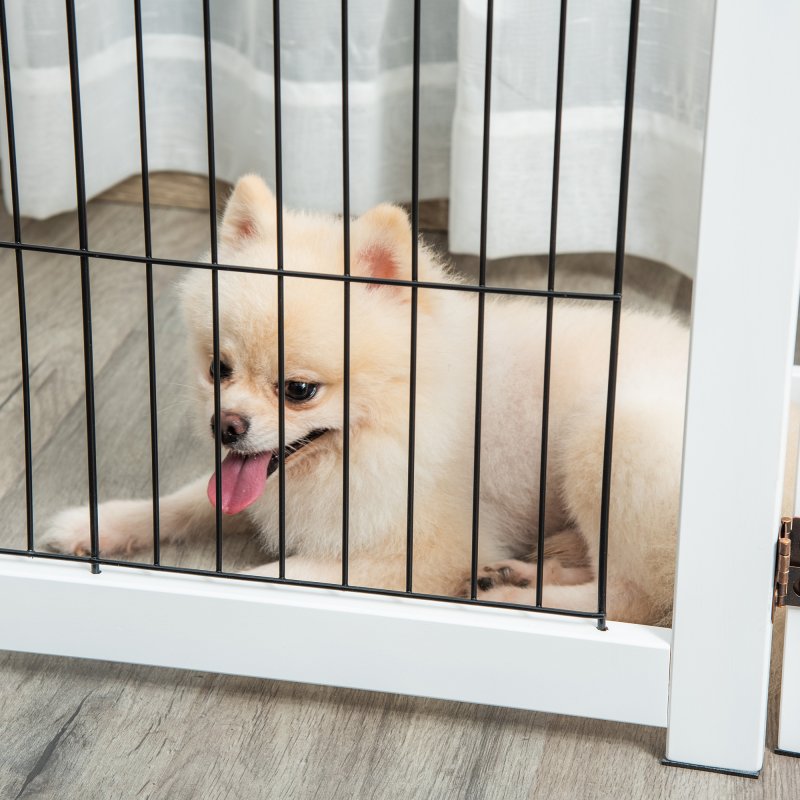 PawHut Freestanding Pet Gate 4 Panel Wooden Dog Barrier Foldable Safety Fence with Support Feet 264cm Long 77cm Tall for Doorway Stairs White