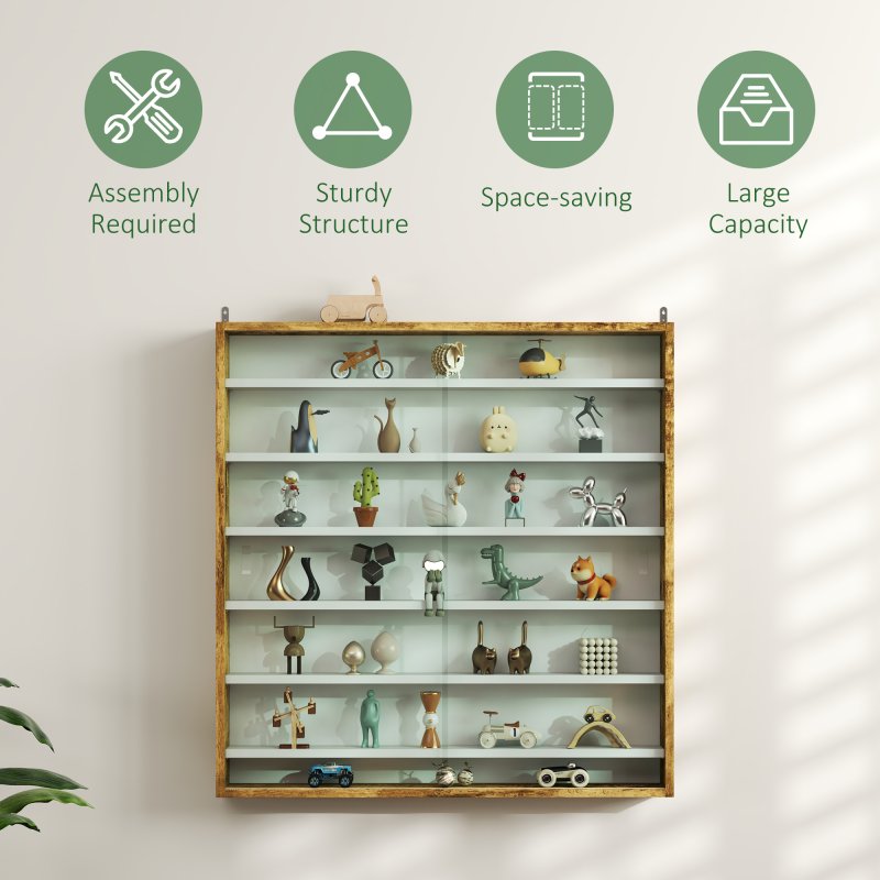 HOMCOM 7-Tier Wall Mounted Display Cabinet, Display Case with 6 Adjustable Shelves, Glass Doors for Home Office Ornaments 83x80cm, Rustic Brown
