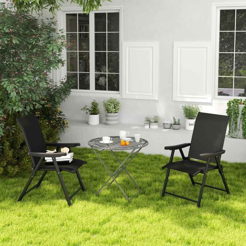 Outsunny Set of 2 Folding Chair, Garden Chair Set with Breathable Mesh Back and Seat, Outdoor Camping Chairs with Armrests, Steel Frame for Deck Balcony, Black