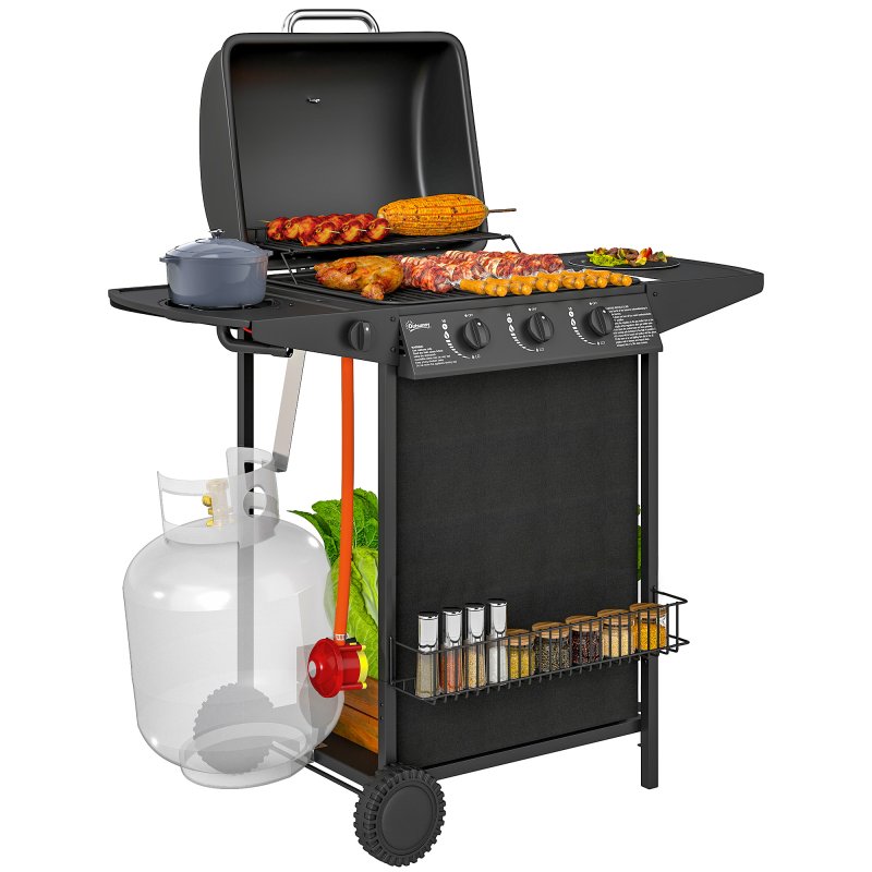 Outsunny 3+1 Burner Gas BBQ Grill with Built-in Thermometer, Lid, Portable Gas Barbecue Grill with Side Table, Shelf, Spice Rack, Wheels, Grease Cup for Garden Party Outdoor Cooking, Black