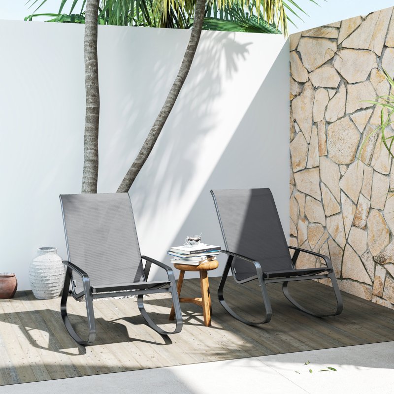 Outsunny Garden Rocking Chairs Set of 2, Ergonomic Outdoor Rocking Chairs with Armrests, High Backrest, Steel Frame Relaxing Rocker Armchair Seats for Patio, Balcony, Porch, Grey