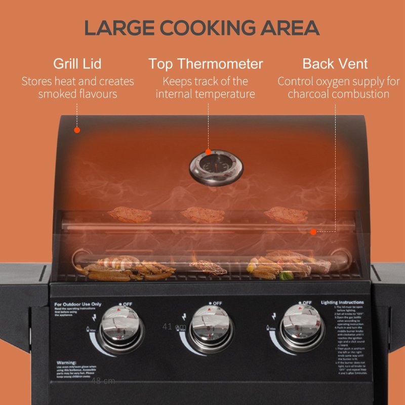 Outsunny 3 Burner Gas BBQ, Outdoor Grill, Portable Barbecue Trolley with Warming Rack, Side Shelves, Storage Cabinet, Thermometer, Carbon Steel, Black