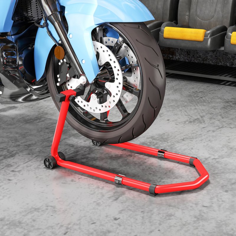 HOMCOM Motorcycle Stand Lift, 390 kg Capacity Convertible Front/Rear Motorbike Motorcycle Paddock Lift Stand with Adjustable U+L Fork Pin Adaptors, Wheels, Clamping Clips, Red