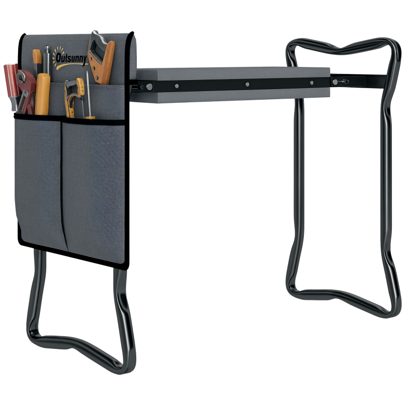 Outsunny 2 in 1 Garden Kneeler Seat, Kneeling Pad Support Bench, Foldable Knee Protector with Tool Bag, Grey