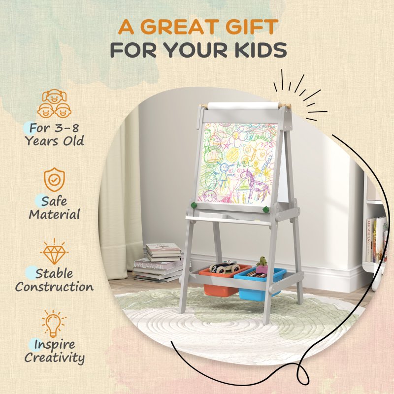 AIYAPLAY Art Easel for Kids with Paper Roll, Double-Sided Painting Easel with Chalkboard, Whiteboard, Eraser, Storage Boxes