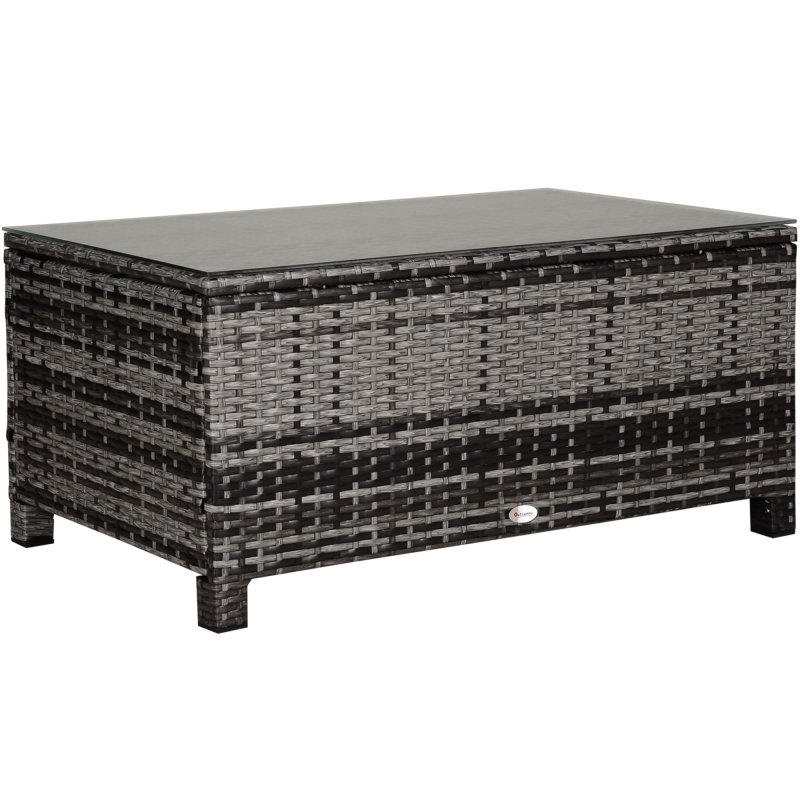 Outsunny PE Rattan Coffee Table, Rectangular Outdoor Coffee Table with Tempered Glass Top, 70 KG Capacity for Garden, Balcony, Terrace, Patio, Mixed Grey