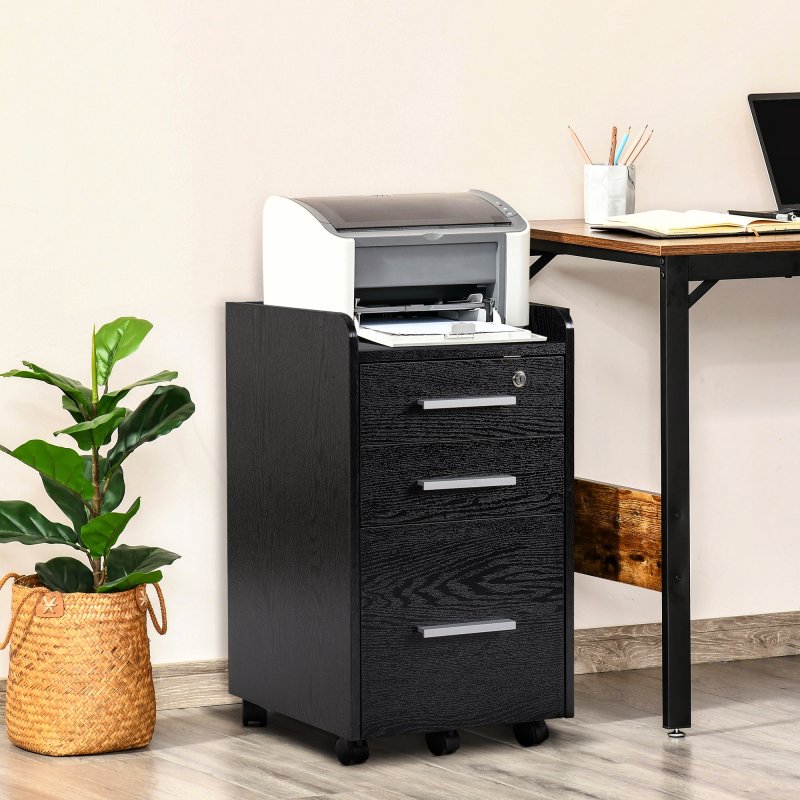 HOMCOM 3 Drawer Filing Cabinet with Lock and Edged Top, Lockable Filing Cabinet on Wheels with Hanging Bars for Letter and A4 Size, Black