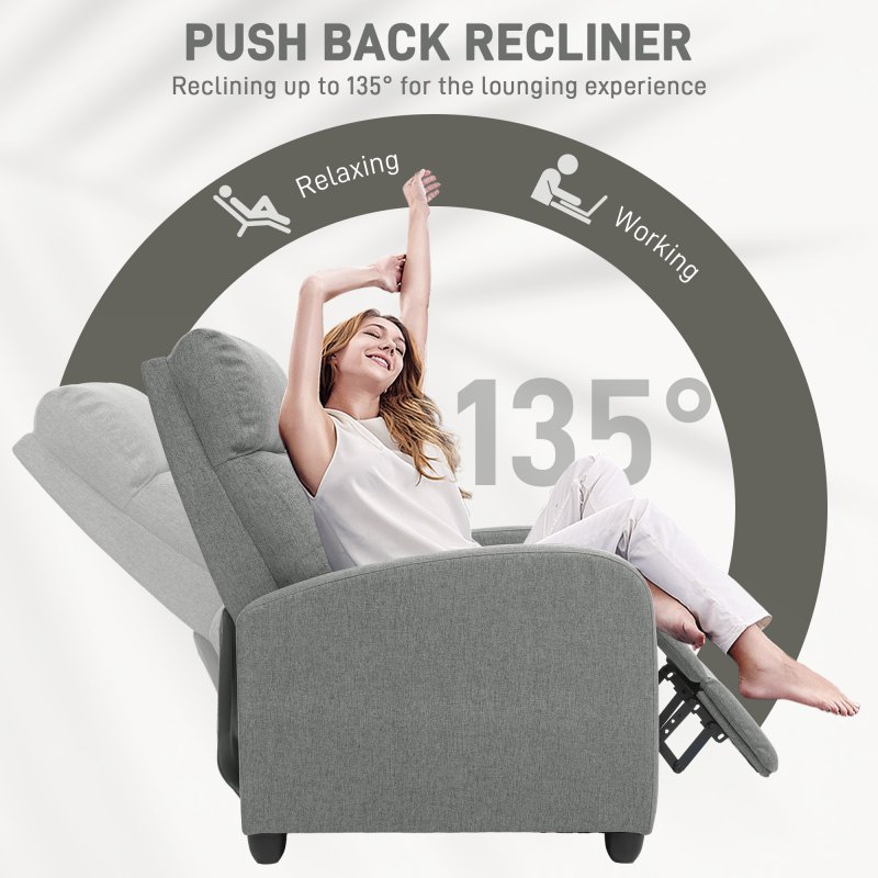 HOMCOM Push Back Recliner Armchair, Linen Fabric Reclining Chair with Adjustable Leg Rest, Single Padded Seat Sofa Lounge for Living Room, Bedroom, Light Grey