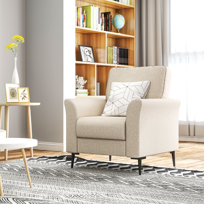 HOMCOM Modern Armchair, Upholstered Linen Fabric Accent Chair with Metal Legs, Wood Frame and Thick Padded Cushion for Living Room Bedroom Office, Beige