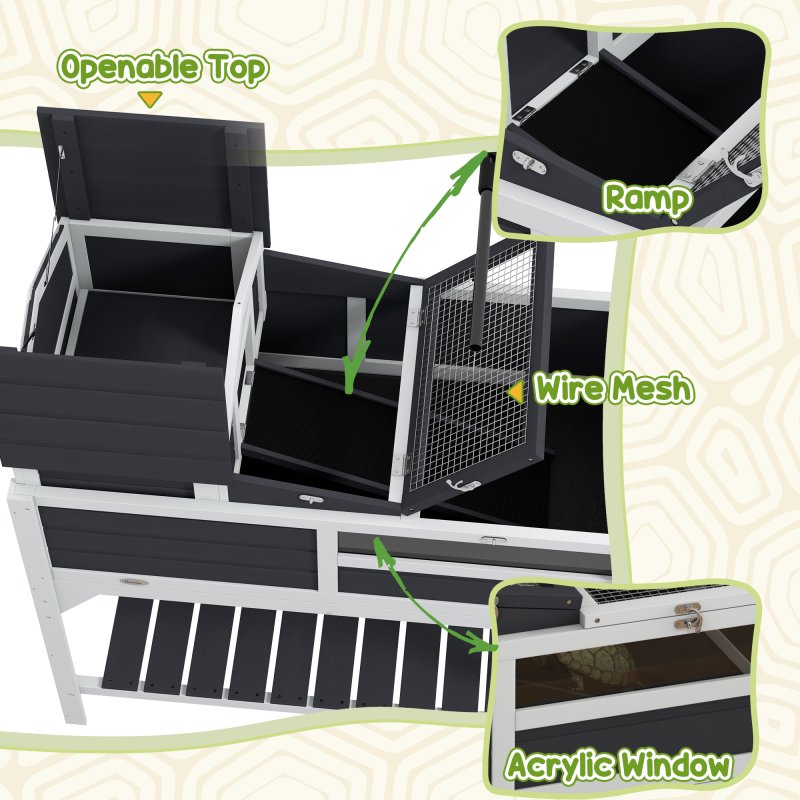 PawHut Tortoise House, 2 Layers Wooden Tortoise Enclosure with Adjustable Lamp Holder, Tortoise Table with Openable Lid, Removable Main House, Storage Shelf, Run Box, Fixed Tray - Grey
