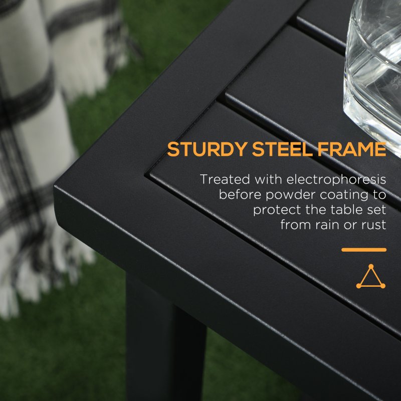 Outsunny Garden Side Table, 51x51cm Square Patio Coffee Table with Umbrella Hole, End Table with Steel Frame for Balcony, Black