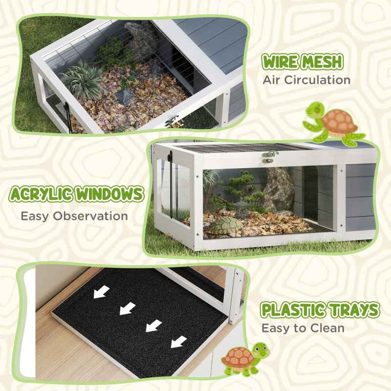 PawHut Tortoise House, Wooden Tortoise Table, Tortoise Enclosure with Adjustable Lamp Holder, Openable Lids, Pull-Out Trays - Grey