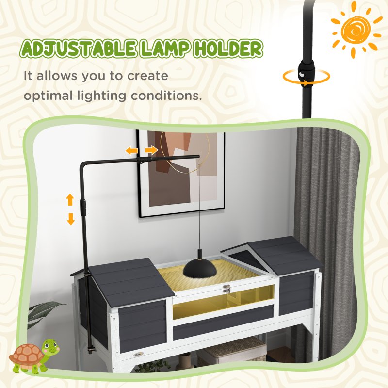 PawHut Tortoise House, Wooden Tortoise Enclosure with Adjustable Lamp Holder, Tortoise Table with Openable Lid, Dual Main Houses, Storage Shelf, Basking Area, Fixed Tray - Grey