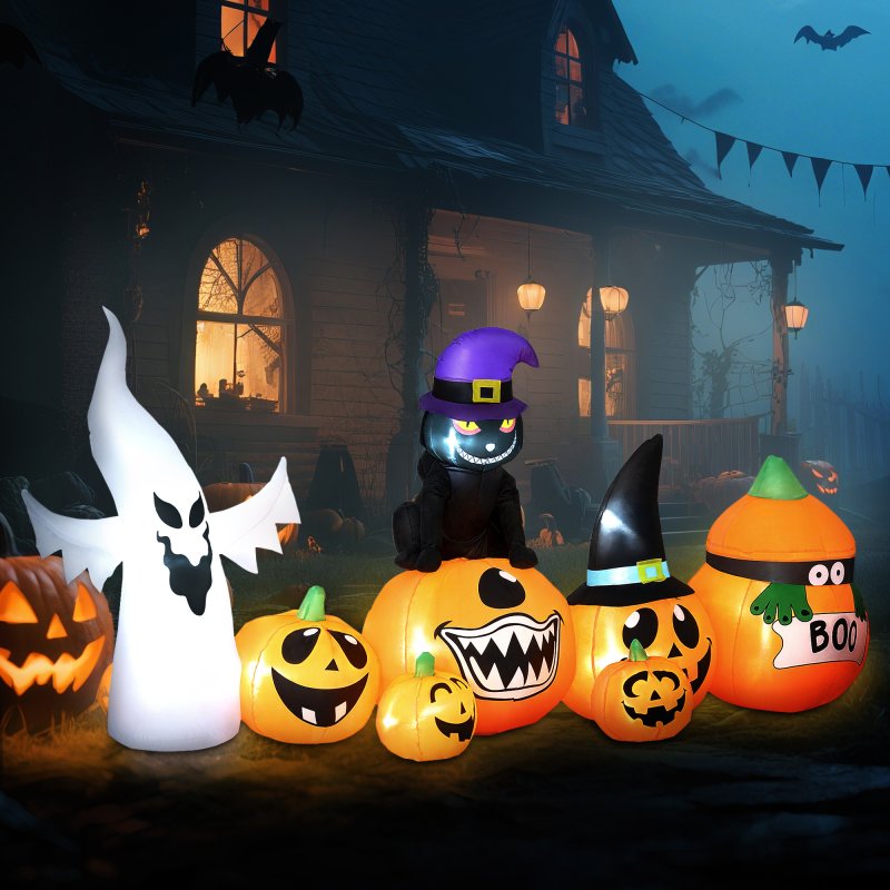 Outsunny 8 FT Halloween Inflatables Pumpkin Ghost and Cat Combo, Outdoor Halloween Decorations with 9 Built-in LEDs, Self-Inflating Blow Up Decor for Garden Party