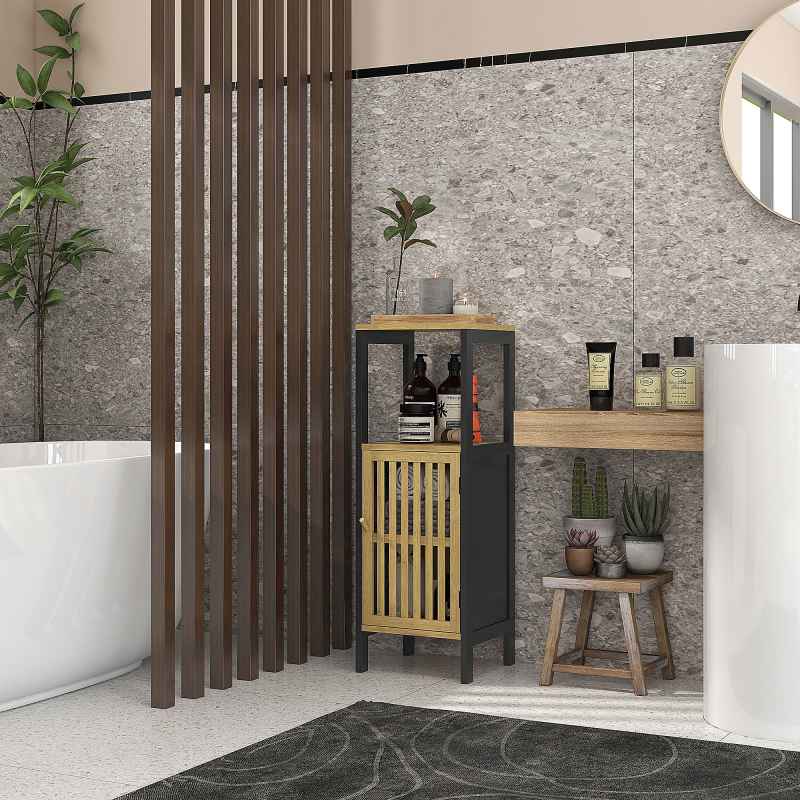 HOMCOM Slim Bathroom Storage Cabinet, Small Bamboo Bathroom Cabinet with Open Compartment and Adjustable Shelf