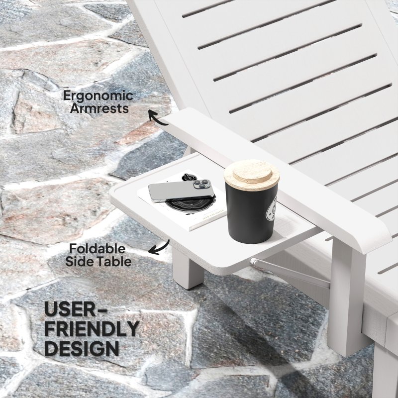Outsunny Set of 2 Resin Reclining Sun Loungers for Garden, 5 Positions Adjustable Outdoor Chaise Lounge Chairs with Wood Texture Surface, Armrests, Foldable Side Table for Garden, Beach, White