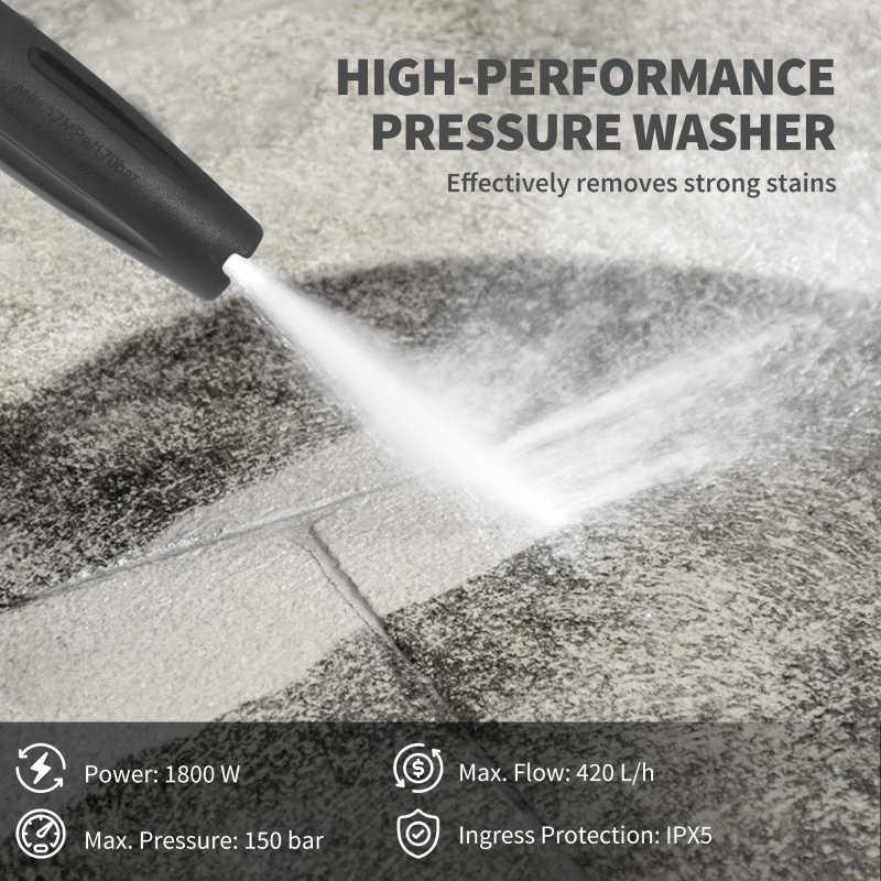 Outsunny 1800W High Pressure Washer, 150 Bar Pressure, 420 L/h Flow, Portable Power Washer Jet Wash Cleaner with Adjustable Nozzle, 6M Hose, Steel Handle for Home Patio Car Driveway, Blue
