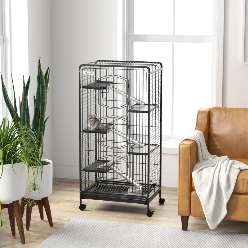 PawHut Ferret Cage Small Animal Cage 6 Levels with Bowl, Water Bottle, Wheels, Rolling Pet Cage for Bunnies Chinchillas, Squirrels, 131cm - Black