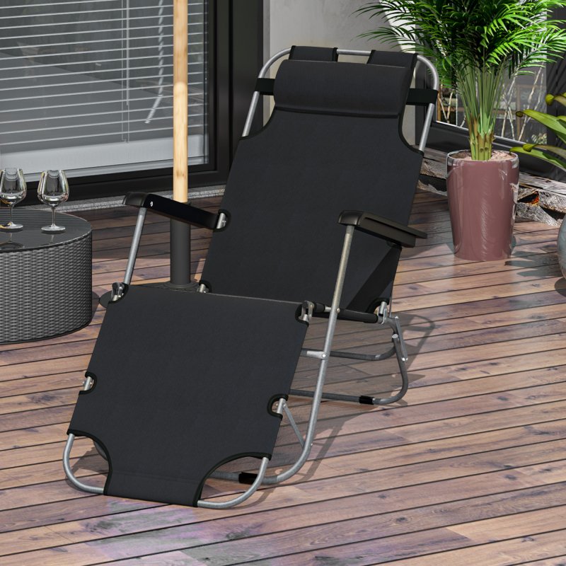 Outsunny 2 in 1 Folding Sun Lounger Reclining Garden Chair with 2-Level Adjustable Backrest, Outdoor Zero Gravity Recliner Garden Chair with Head Pillow and Armrests, Black