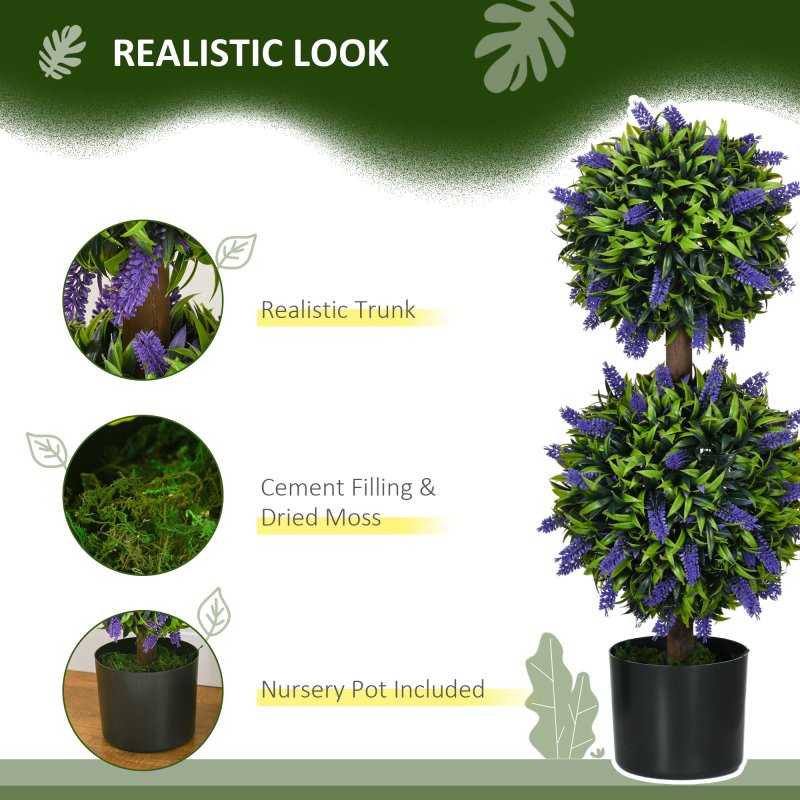 HOMCOM Set of 2 Decorative Artificial Plants Ball Trees with Lavender Flowers in Pot Fake Plants for Home Indoor Outdoor Decor, 70cm, Green