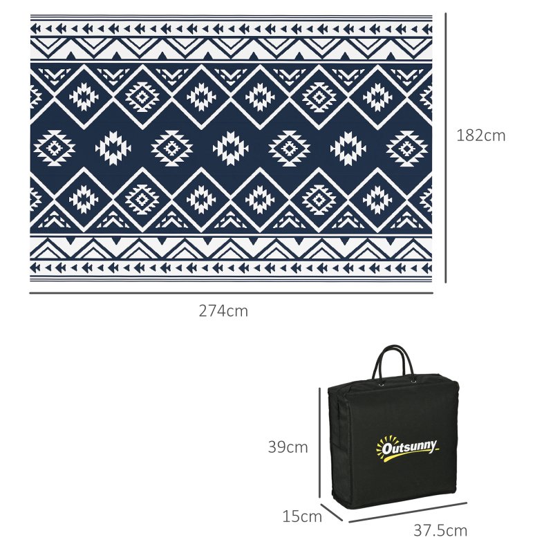 Outsunny Reversible Outdoor Rug with Carry Bag, Waterproof Plastic Straw Mat for Garden, Deck, RV, Picnic, Beach, Camping, 182 x 274cm, Dark Blue and White