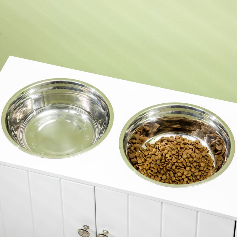 PawHut Raised Dog Bowls for Large Dogs Pet Feeding Station w/ Stand, Storage, Two Stainless Steel Bowls - White