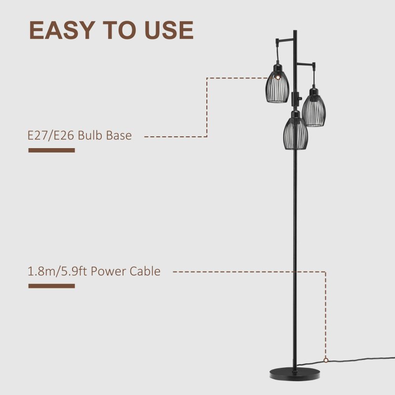 HOMCOM 3-Light Floor Lamp, 170cm Industrial Dimmable Standing Lamp with Steel Wire Cage Lampshades for Living Room, Bedroom, Dining Room, Study, Black