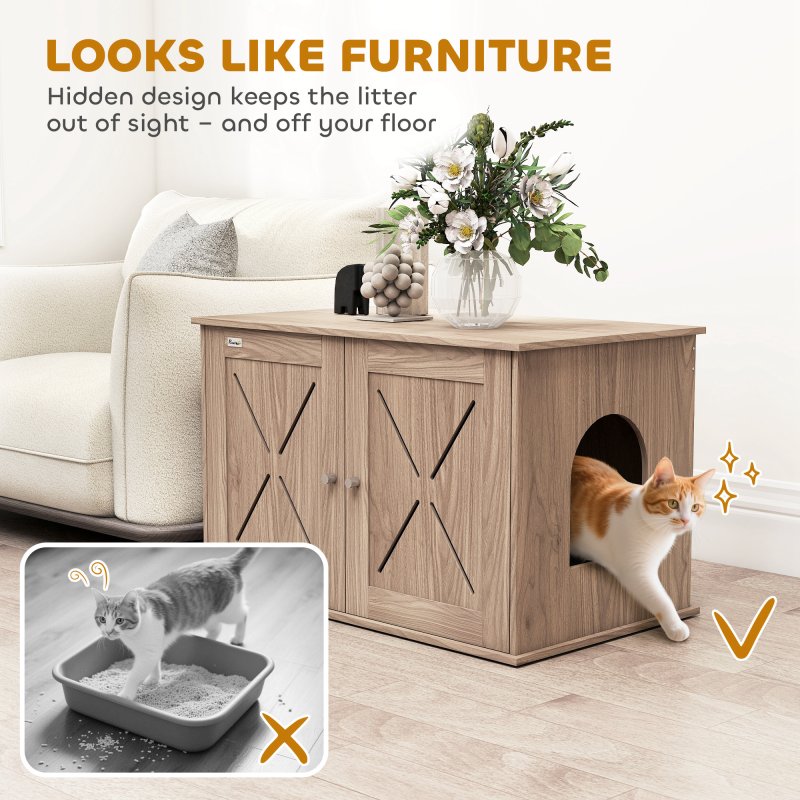 PawHut Cat Litter Box Enclosure, Cats House Litter Box Furniture with Double Doors and Side Entrance, Non-Slip Pads, Indoor Kitty House Hidden Washroom Toilet for Living Room, Walnut Brown