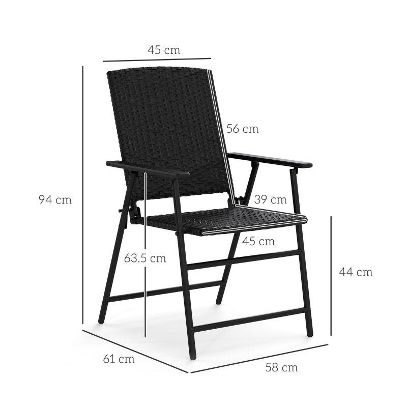 Outsunny Folding Garden Chairs Set of 2, PE Rattan Garden Dining Chairs with Armrests, High Back and Steel Frame, Weather Resistant Outdoor Dining Furniture for Patio, Balcony, Black