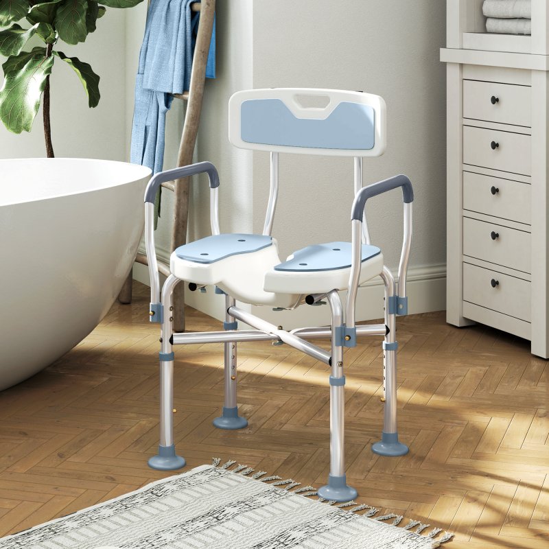 HOMCOM Shower Chair with Upgraded U-shaped Seat and Reinforced Crossbars, Height Adjustable Padded Bath Chair with Non-slip Feet for Elderly Seniors Disabled Handicap, Tool-Free Assembly