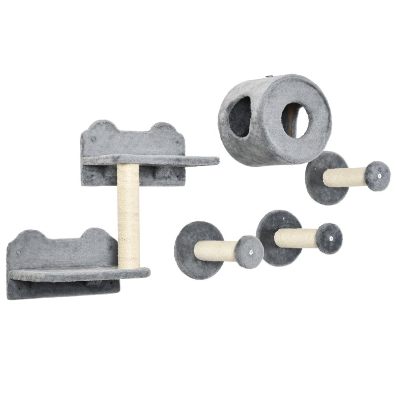 PawHut 5Pcs Cat Wall Furniture with Perch, Cat House, Scratching Post, Wall-Mounted Cat Tree for Indoor Cats - Grey