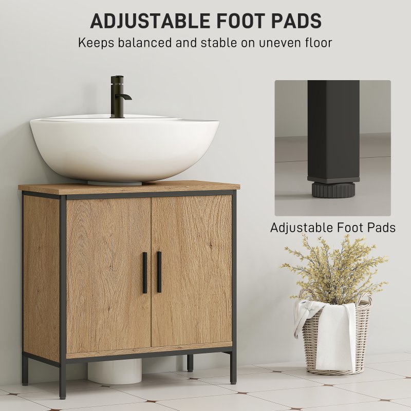 HOMCOM Under Sink Bathroom Cabinet, Industrial Freestanding Under Sink Cabinet with 2 Doors, Adjustable Shelf and Steel Frame for Basin without or with Pedestal, Oak