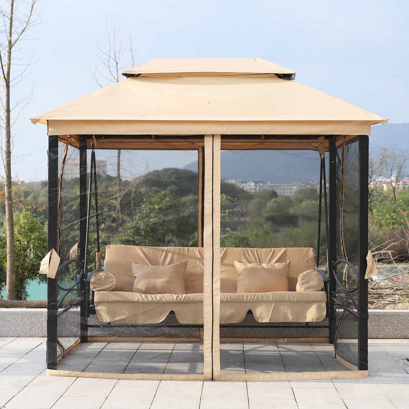 Outsunny 3 Seater Swing Chair 3-in-1 Convertible Garden Swing Seat Bed Gazebo Patio Bench Outdoor with Double Tier Canopy, Cushioned Seat, Mesh Sidewalls, Beige