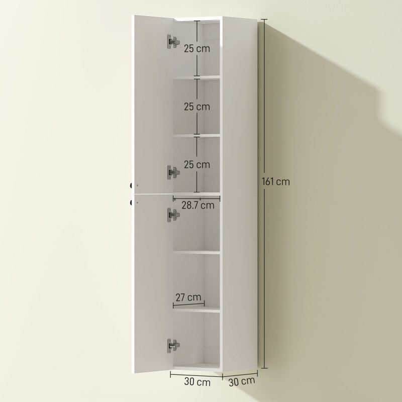 HOMCOM 300 x 1610 mm Wall Mounted Tall Bathroom Cabinet with Soft-Close Hinges, Slim Bathroom Storage Cabinet with 2 Doors, Modern Narrow Storage Cupboard, White
