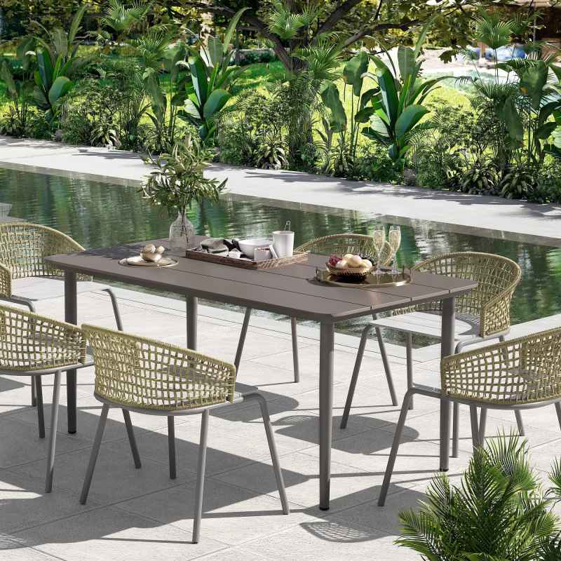 Outsunny Garden Table, Outdoor Dining Table for 6 People, 160 x 90 x 74 cm, with Rust Resistant Metal Frame, WPC Top, for Balcony, Terrace, Dark Grey