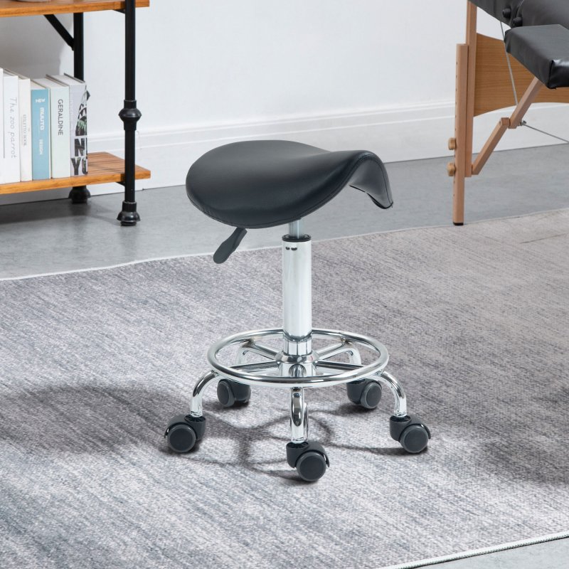 HOMCOM Saddle Stool, PU Leather Adjustable Rolling Salon Chair for Massage, Spa, Clinic, Beauty, Hairdressing and Tattoo, Black