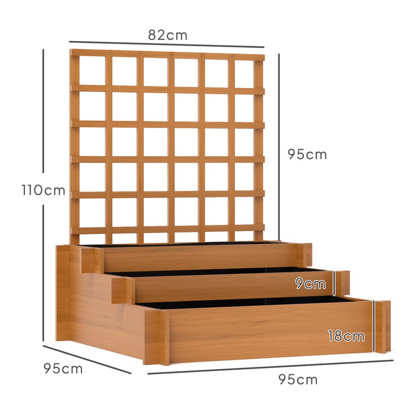 Outsunny 3 Tier Planters with Trellis for Vine Climbing, Wooden Raised Beds for Garden Patio, Outdoor Planter Box for Vegetables, Flowers, Herbs, Brown
