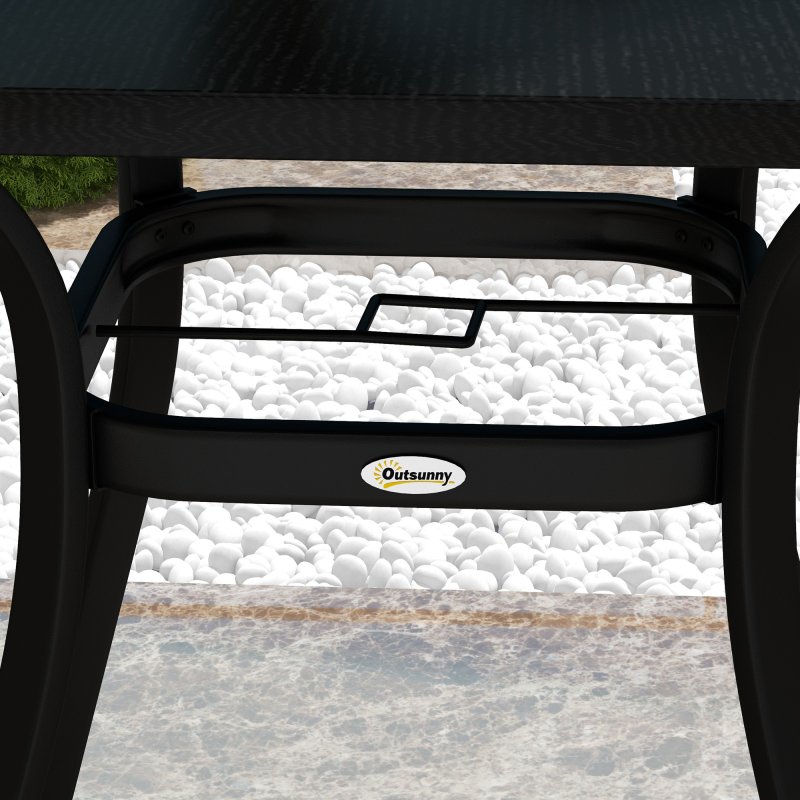 Outsunny Garden Dining Table, Outdoor Square Coffee Table with Wood Grain Effect Steel Tabletop, Parasol Hole and Foot Pads for Balcony, Porch, Black