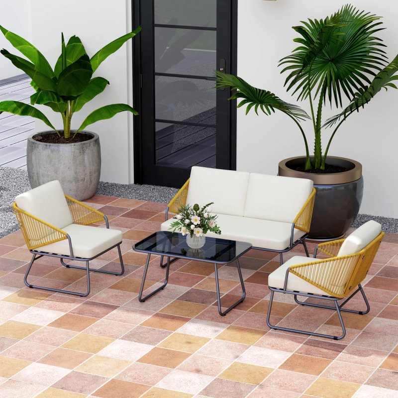 Outsunny 4 Piece Rattan Garden Furniture Set, Wicker Patio Outdoor Furniture Set with Loveseat, Armchairs, Glass Top Coffee Table and Cushions for Patio, Conservatory, Balcony, Natural Wood Finish