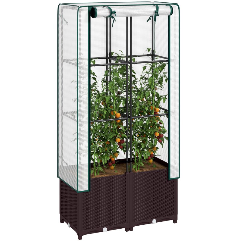 Outsunny Raised Garden Bed with Trellis, Plastic Planter Box with PE Cover, Drainage Holes, Drain Plugs and Water Reservoirs for Climbing Plants, Vegetables, Flowers, 80 x 40 x 140 cm